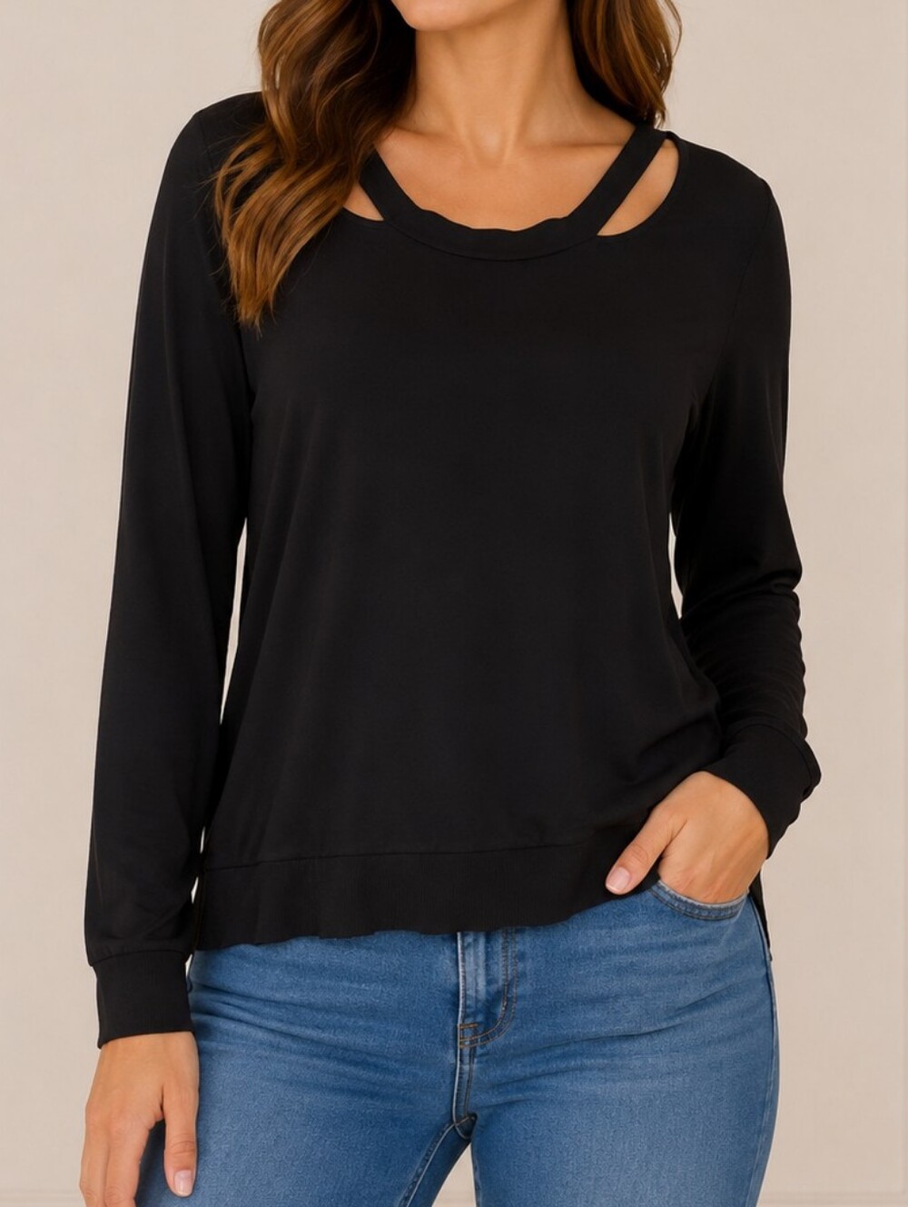 LIME & VINE Women's Black Cutout Collar Long Sleeve Top